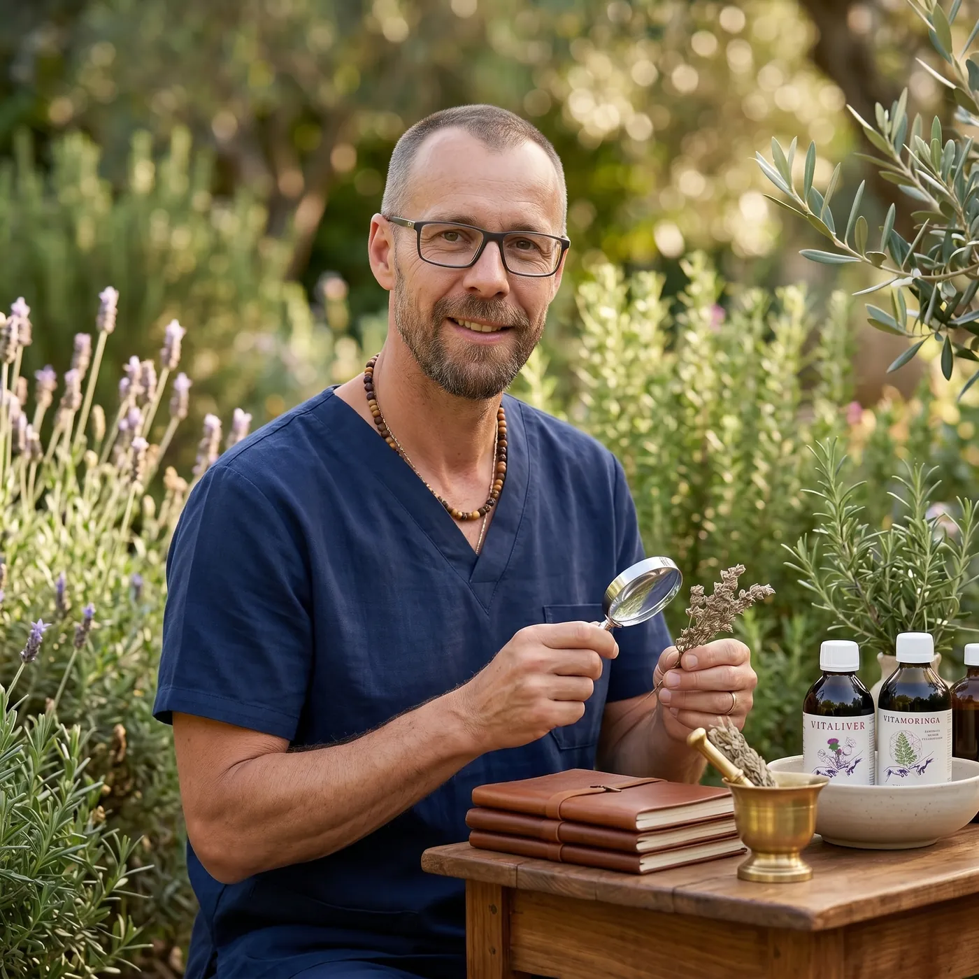 Nuno a observar ervas aromáticas no jardim